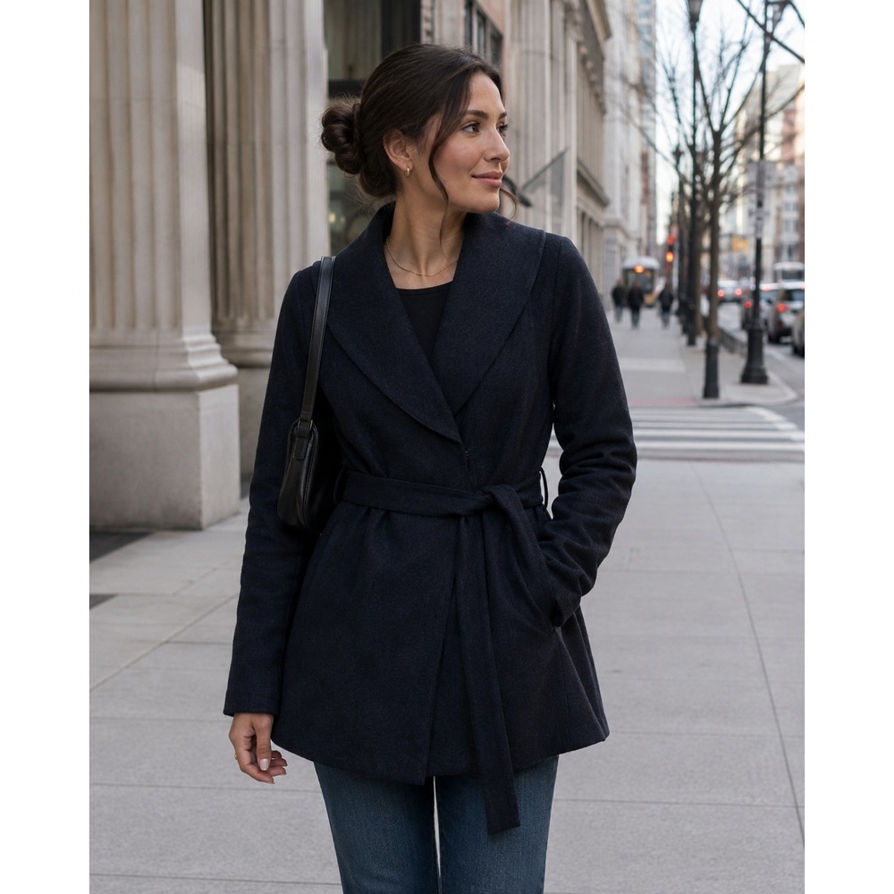 Rosie Neira Wrap Jacket Womens Medium Blue Wool Blend Shawl Collar Tie Waist